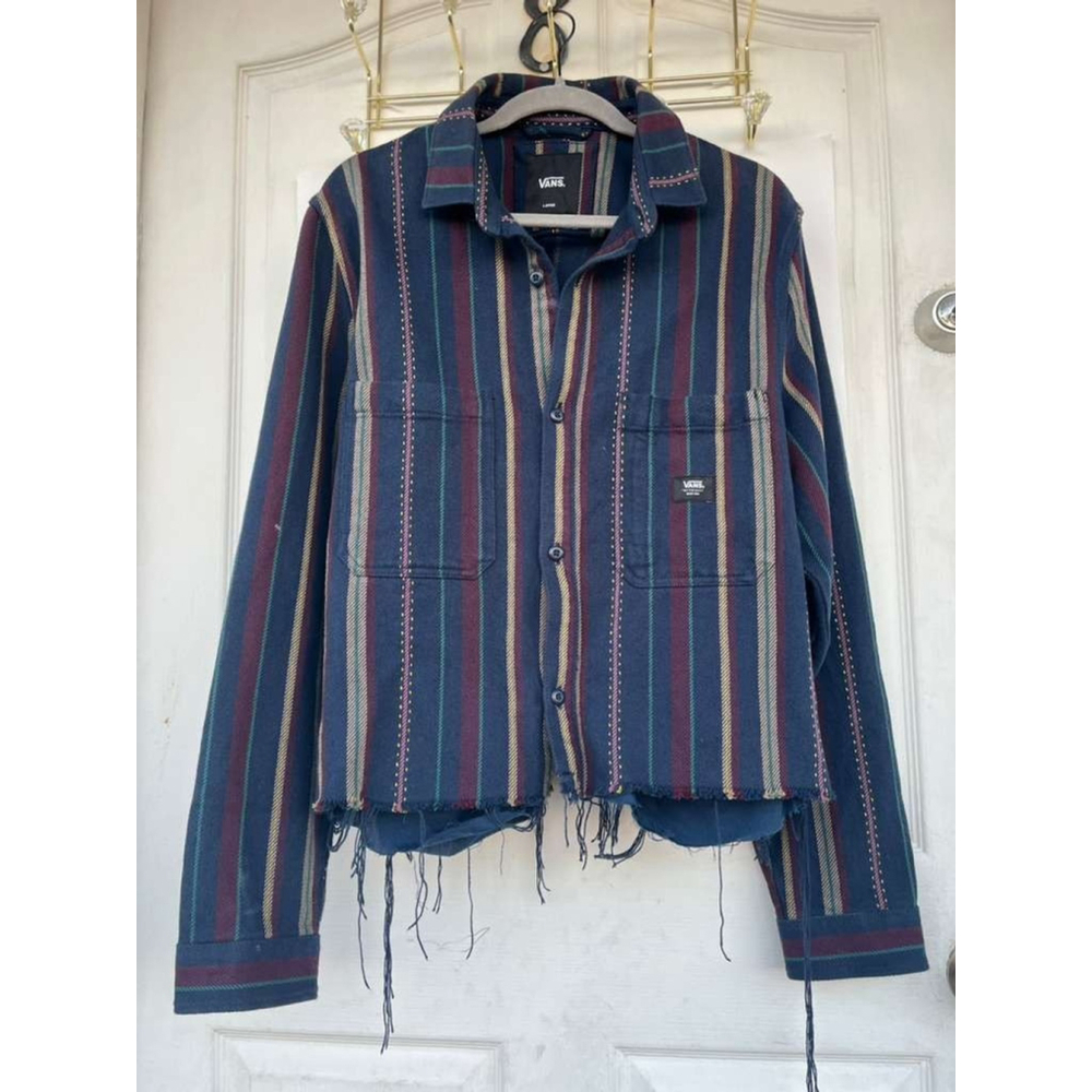 Vans Cropped Striped Jacket Raw Hem Canvas Denim Feel Women’s Large Y2K - Picture 8 of 15